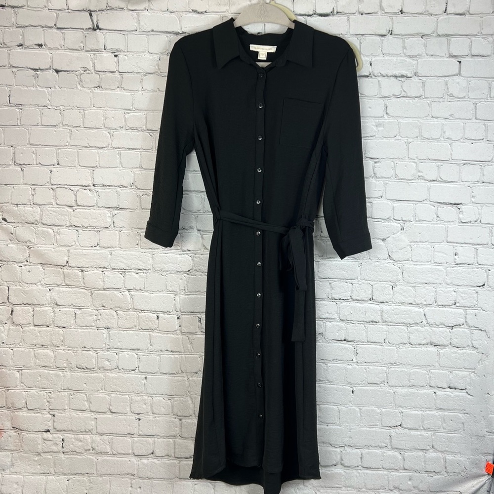 Monteau Button Down Shirt Dress Black Tie Waist